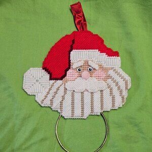 Vintage Santa Christmas Canvas Knit Needlepoint Wall Hanging Towel Ring Holder